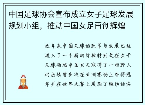 中国足球协会宣布成立女子足球发展规划小组，推动中国女足再创辉煌